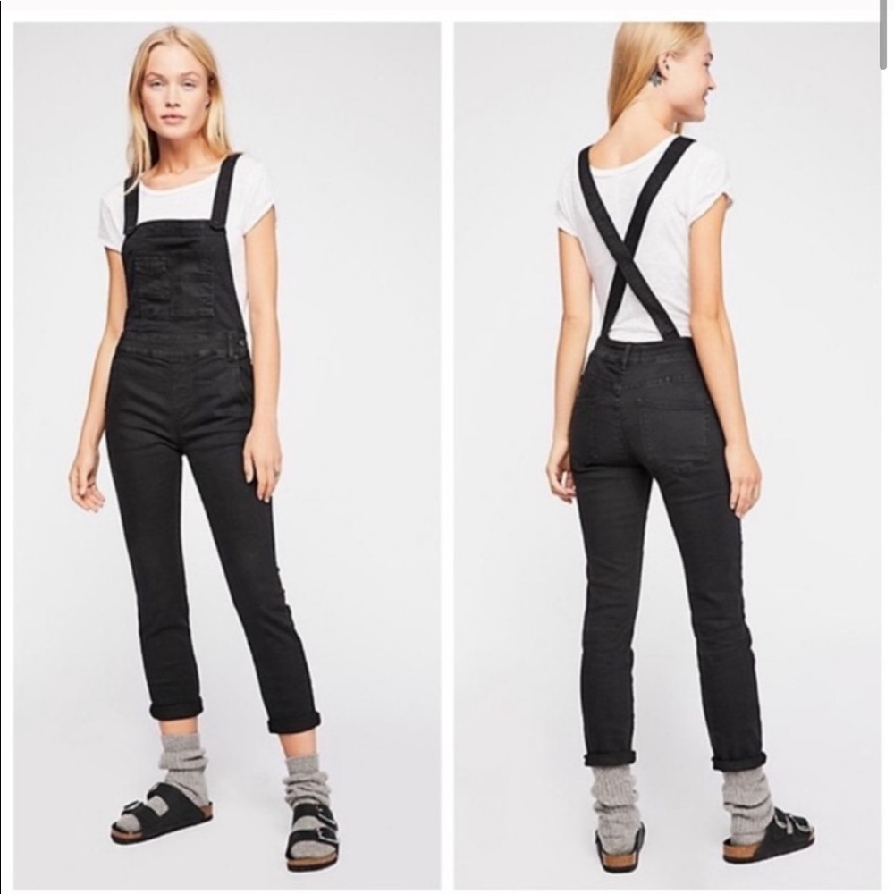 Free People | Distressed Black Denim Overalls 25